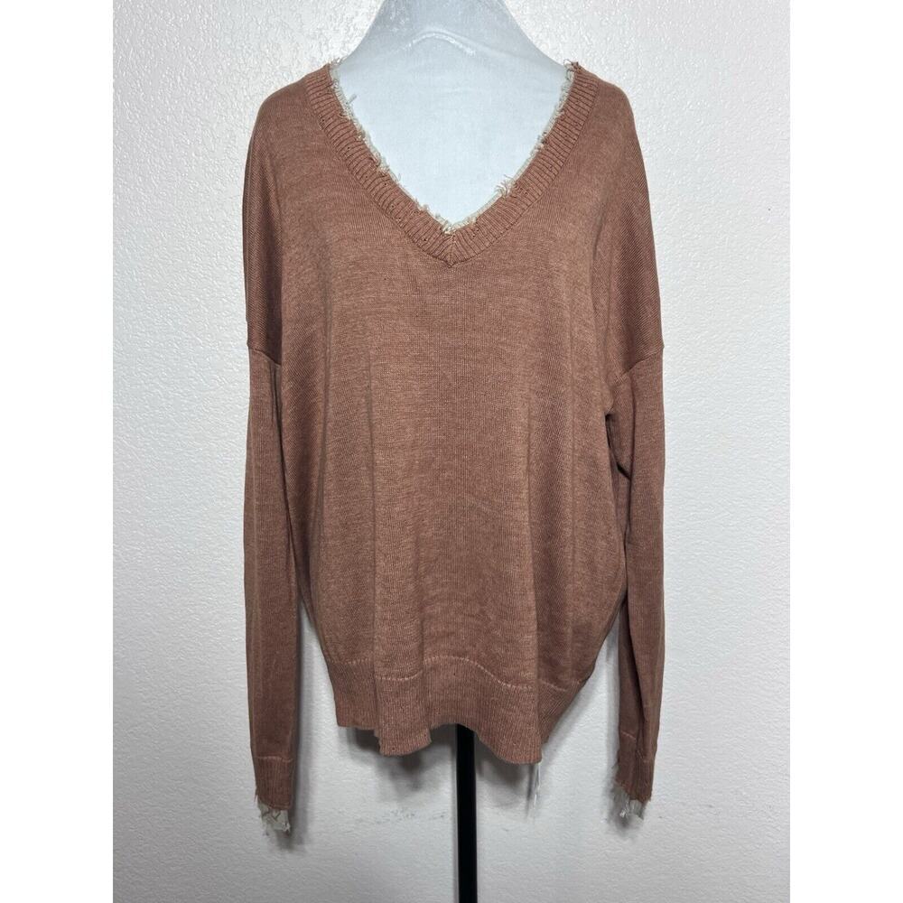 Dear John Distressed Neck and Cuff Rust Orange V Neck Sweater Large